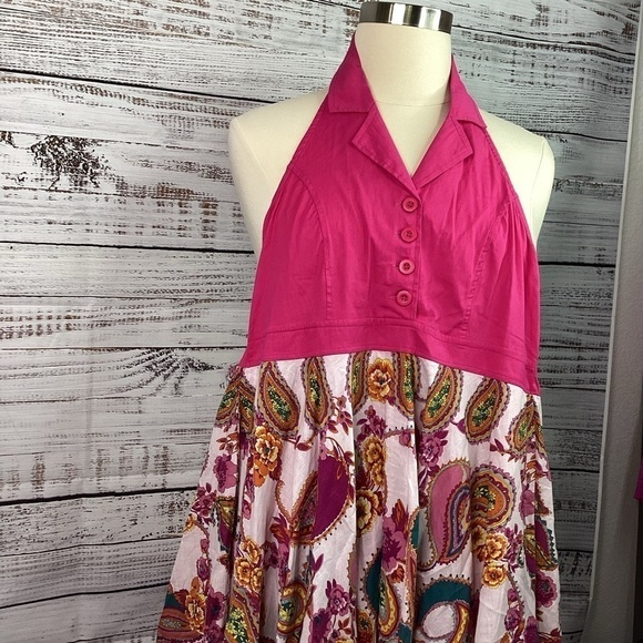 MAGIC SIZE L HALTER TOP SUMMER DRESS HOT PINK PAISLEYS MULTICOLOR VACATION - Picture 7 of 14